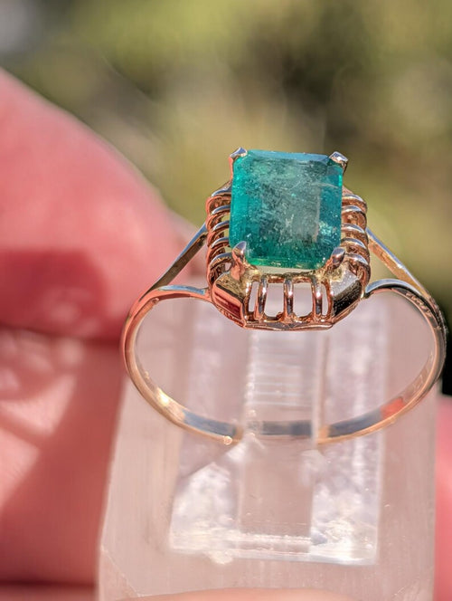 1920s Art Deco Emerald Cut Natural Emerald Ring 1.3ct 14k Solid Gold Handmade Openwork Filigree Solitaire Antique US Duty-Free HTS 9706
