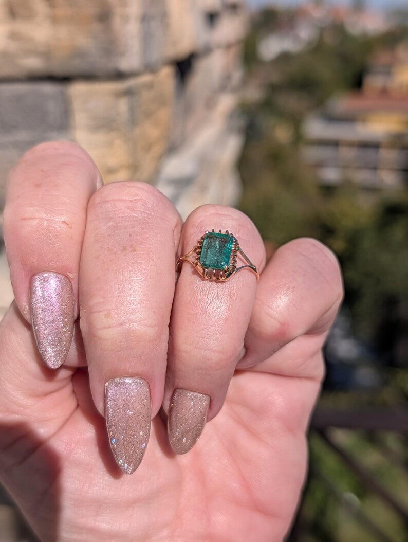 1920s Art Deco Emerald Cut Natural Emerald Ring 1.3ct 14k Solid Gold Handmade Openwork Filigree Solitaire Antique US Duty-Free HTS 9706 image 6