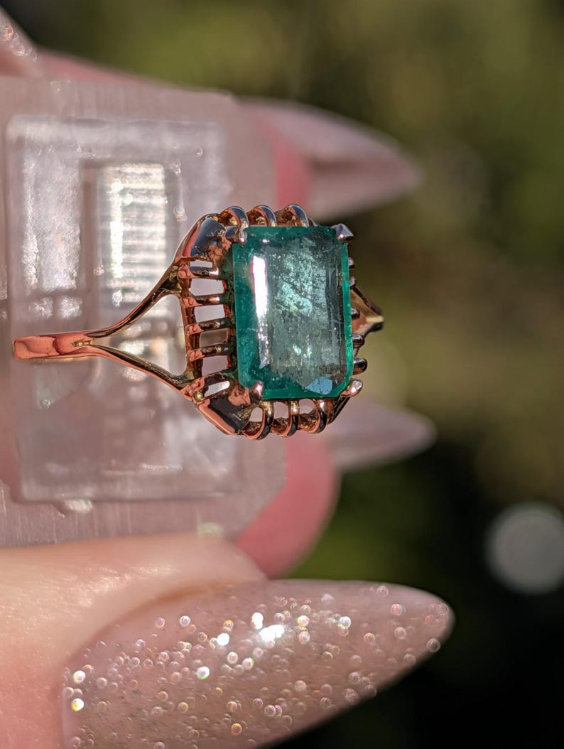 1920s Art Deco Emerald Cut Natural Emerald Ring 1.3ct 14k Solid Gold Handmade Openwork Filigree Solitaire Antique US Duty-Free HTS 9706 image 11