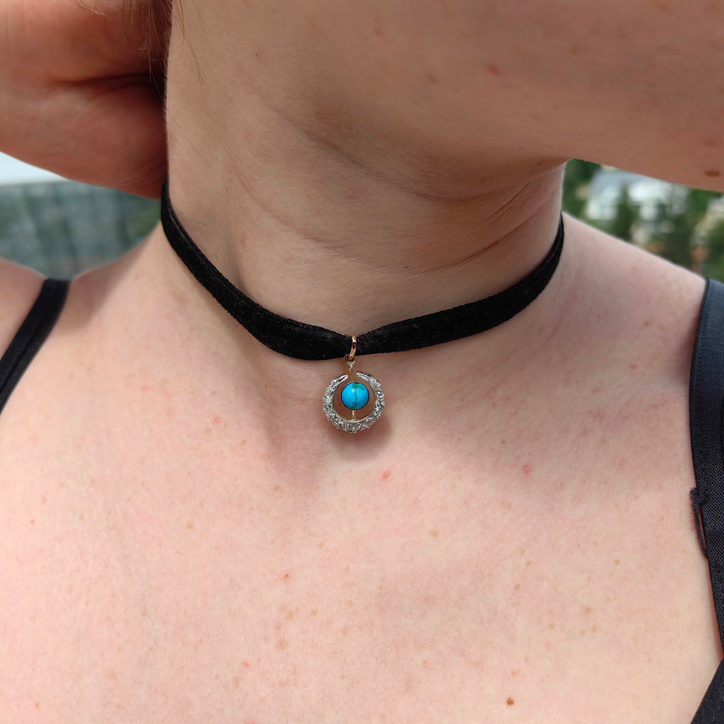 Antique 1900s Art Nouveau Turquoise Diamond Crescent Moon Pendant, 14K Gold 0.48ct Old European Cut, HTS 9706