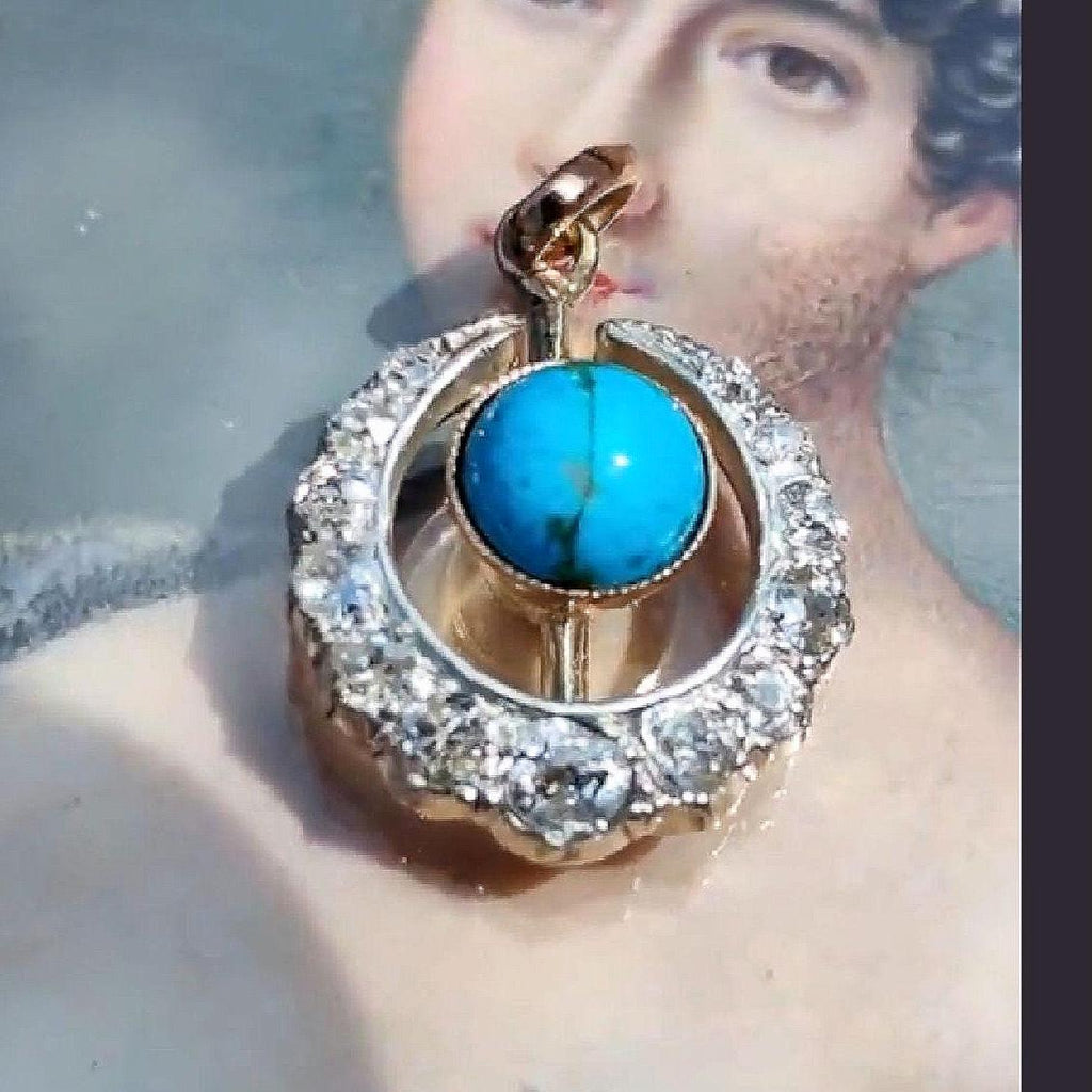 Antique 1900s Art Nouveau Turquoise Diamond Crescent Moon Pendant, 14K Gold 0.48ct Old European Cut, HTS 9706