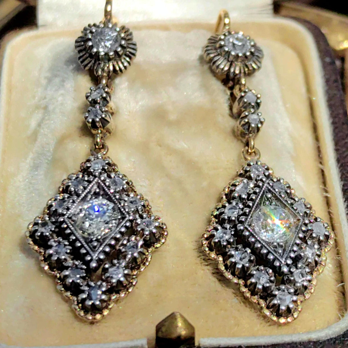 Antique 1920s 1.40ct Diamond Dangle Earrings, 18K Gold with Silver-Set Old European Cuts, HTS 9706