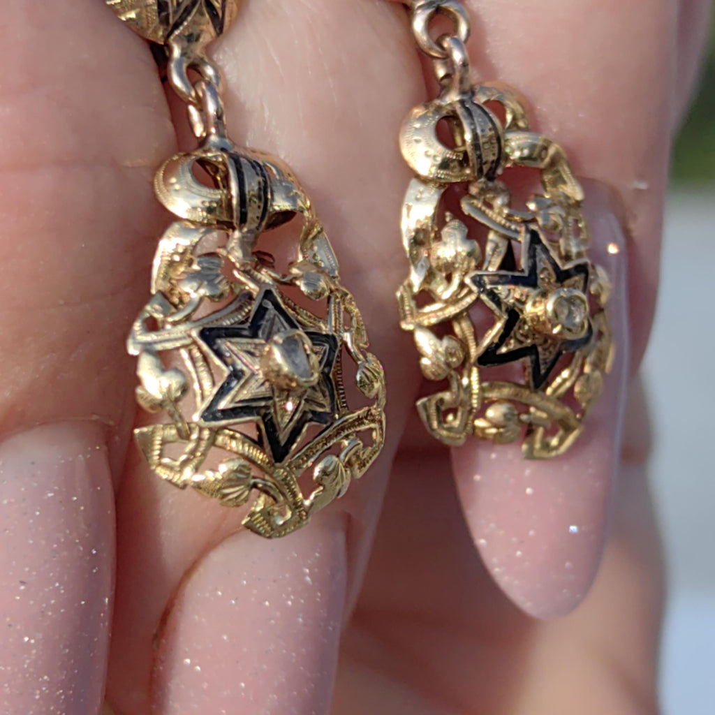 Victorian 18k Gold Diamond David Star Dangle Earrings: Black Enamel Judaica