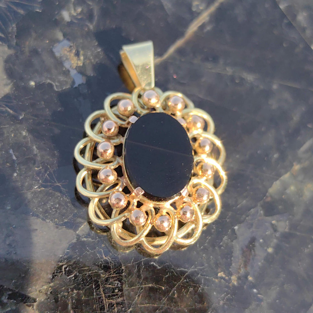 Vintage Black Onyx Yellow Gold Pendant - 1960s Statement Charm