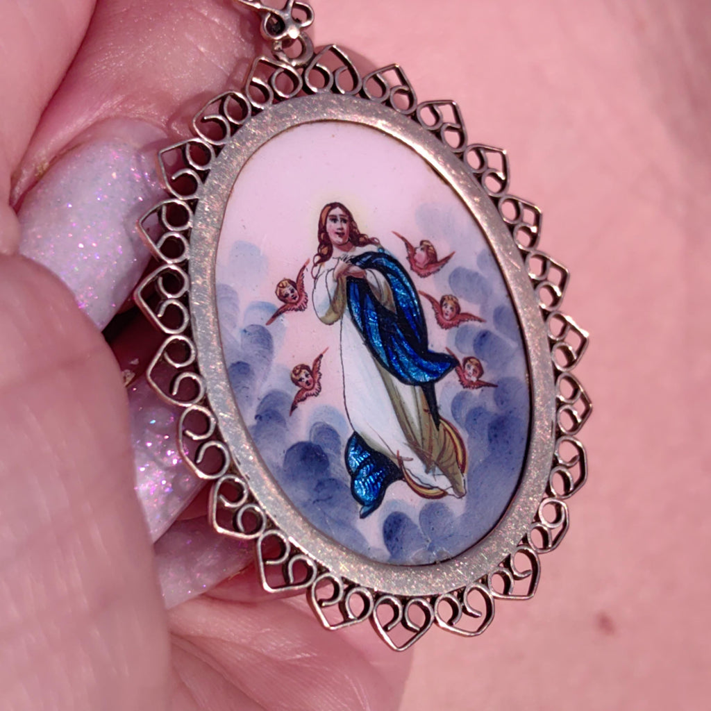 Antique Enamel Virgin Mary Pendant: 14K Gold Art Nouveau Religious Charm