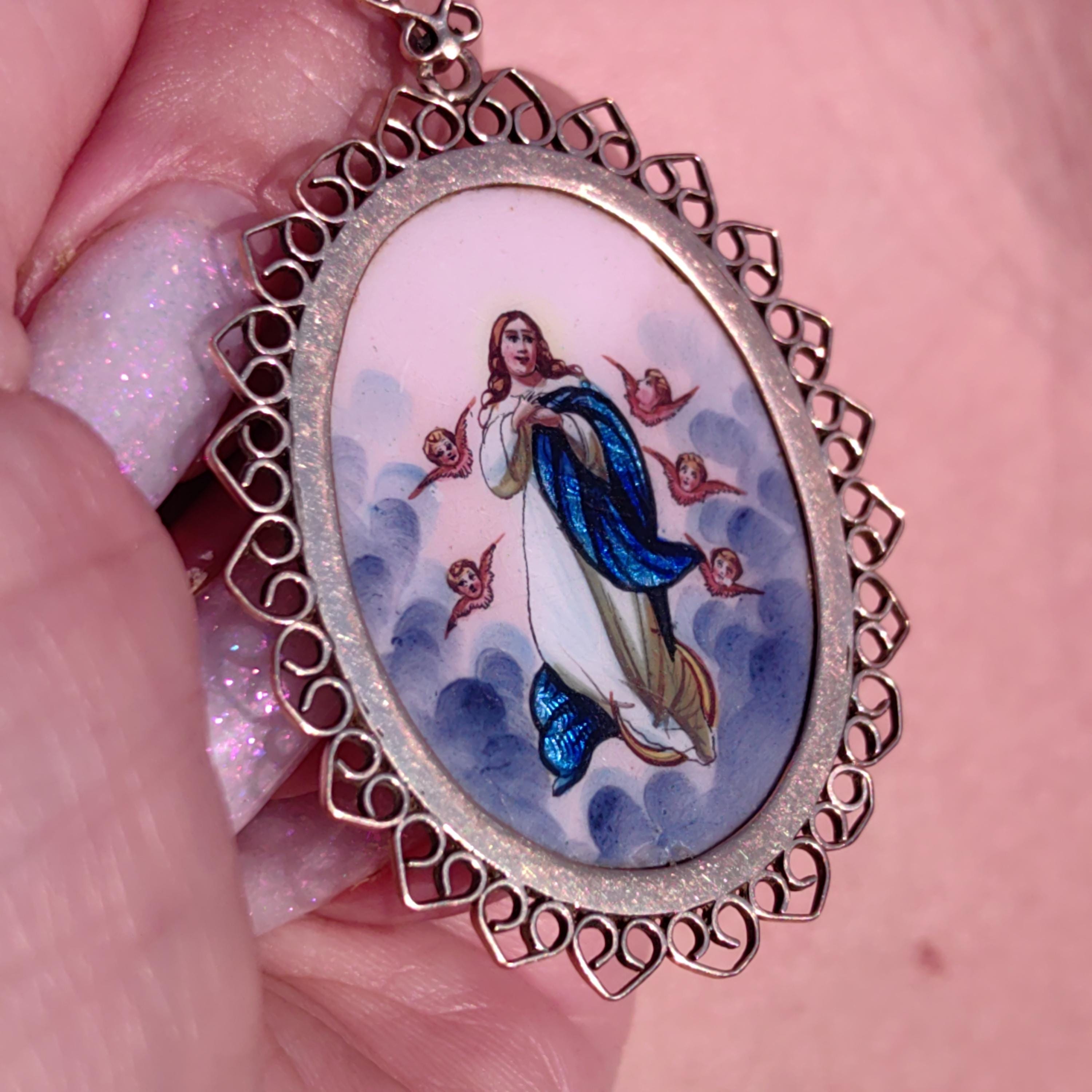 Antique Enamel Virgin Mary Pendant: 14K Gold Art Nouveau Religious Charm