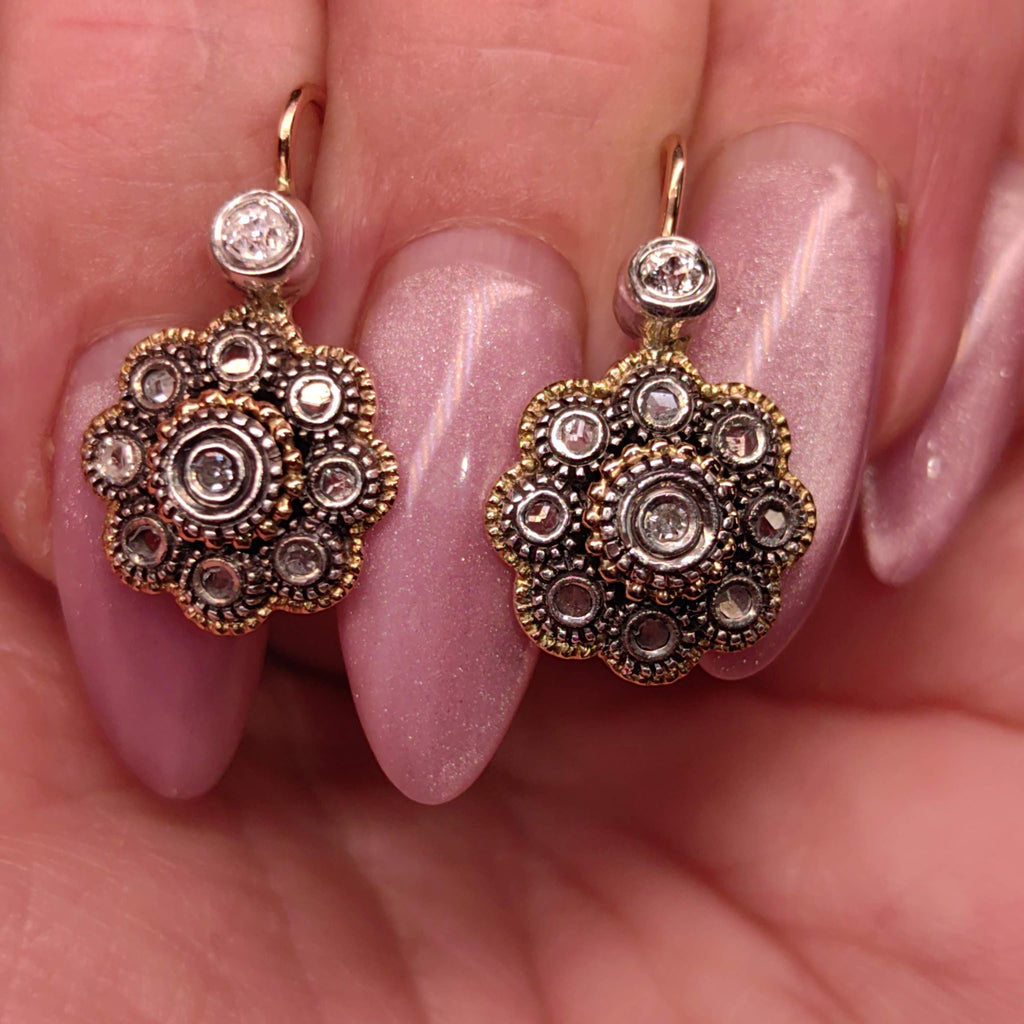 Art Deco 1920s Antique Vintage Natural Diamond in Silver Setting 14k Solid Yellow Rose Gold Statement Earrings