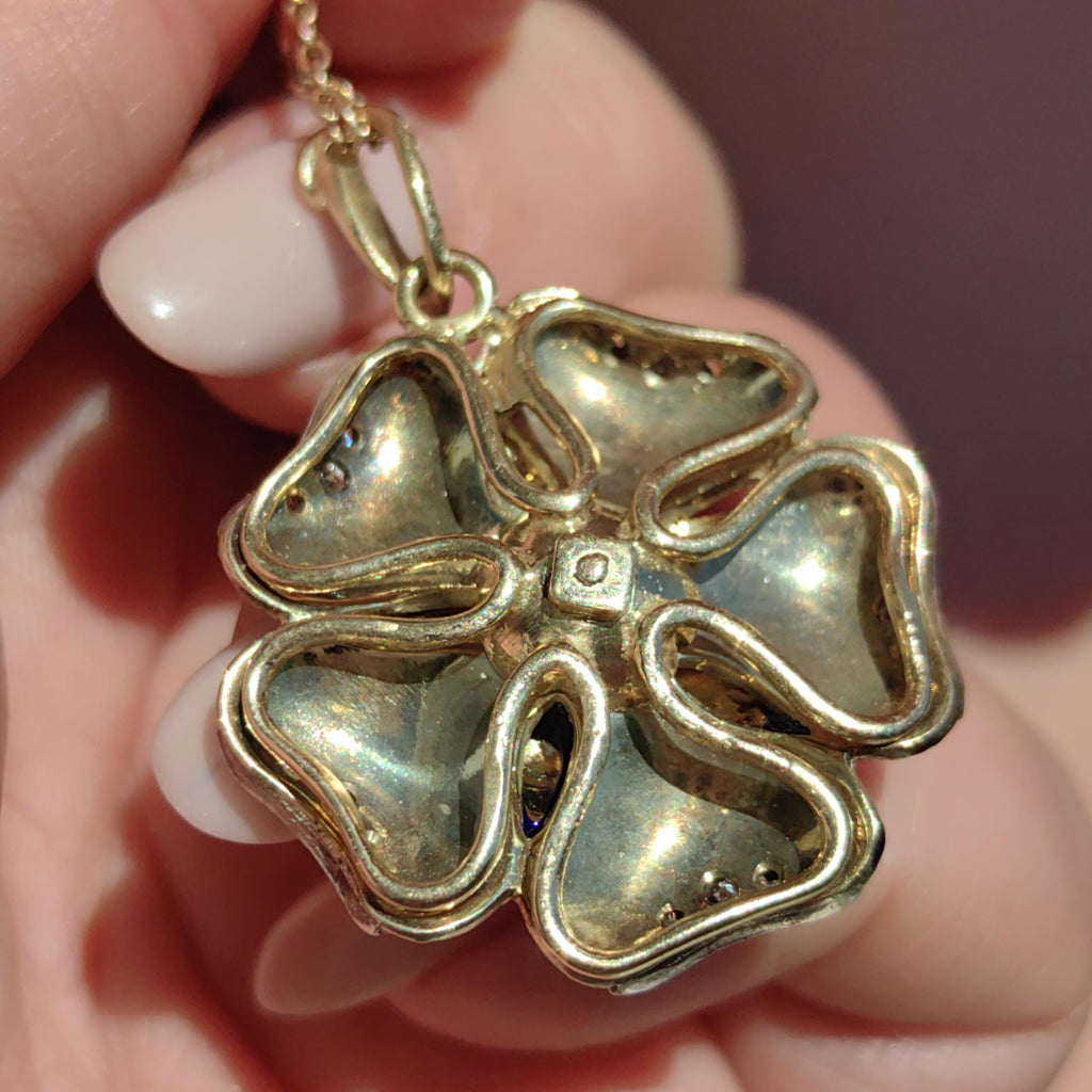 Victorian 1880s Natural Diamond & Blue Hand Painted Enamel Floral Flower Pendant 14k Solid Yellow Gold, Antique Vintage Charm