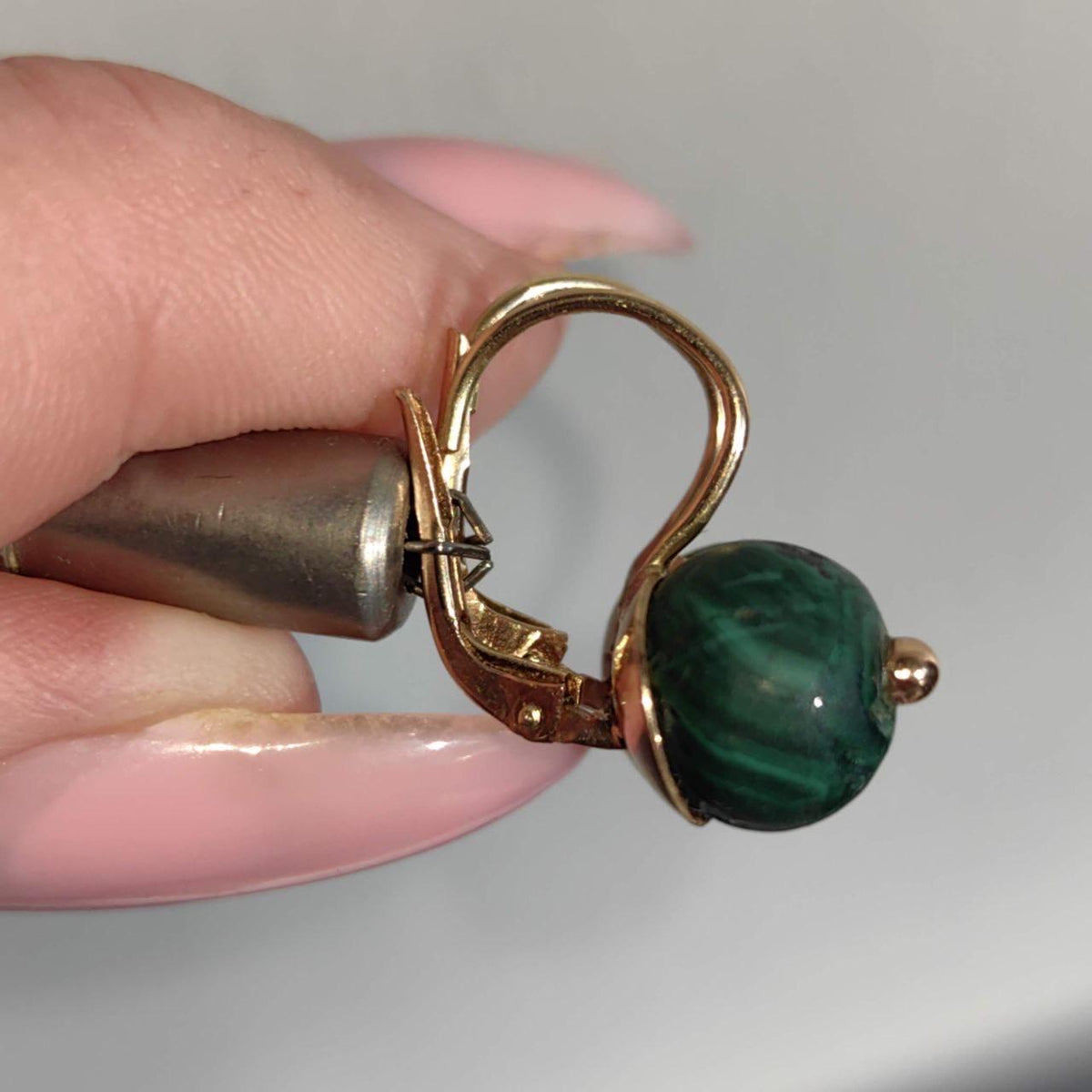 Antique 14k Gold Malachite Earrings: Art Nouveau Sleepers