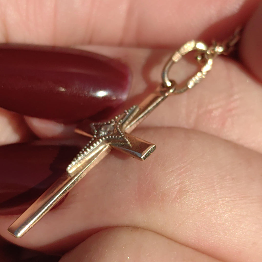 Art Deco 1930s Vintage Solid 14k Yellow Rose and White Gold Diamond Christian Latin Cross Antique Pendant Elegant Gift Present
