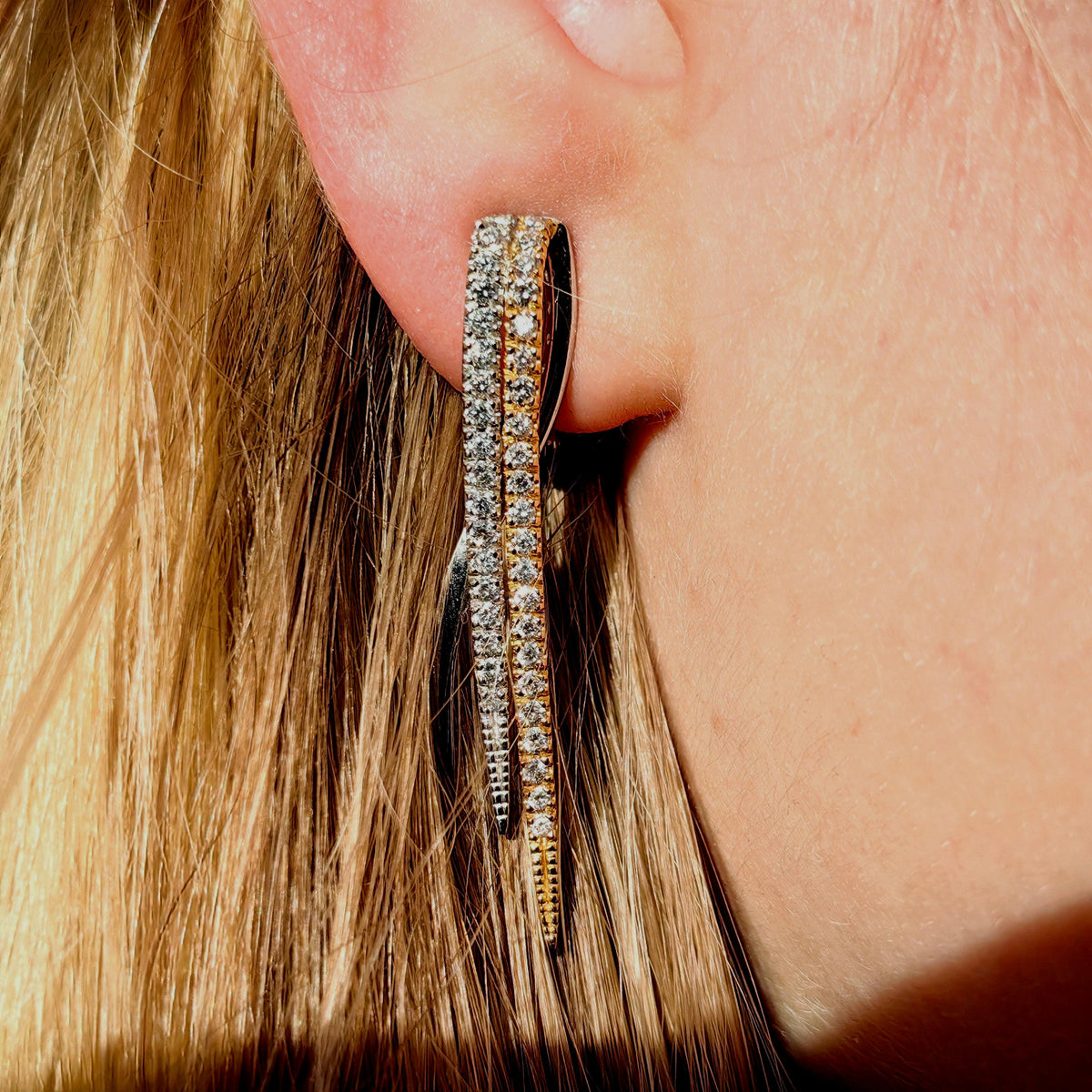 Diamond and 18k Hallmarked Yellow and White Gold Long Elegant Stud Earrings