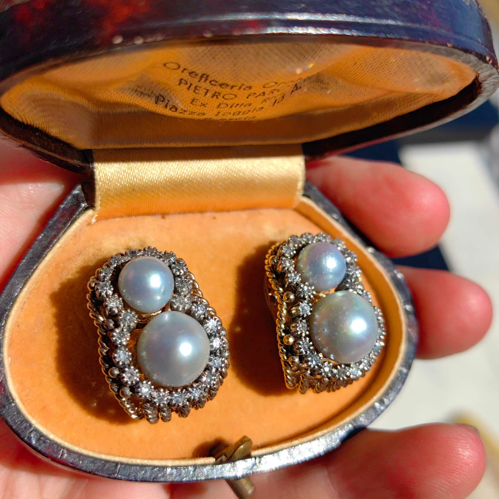 Art Deco 18k Solid Yellow Gold Natural Gray Sea Pearl Diamond Earrings 1930s Vintage Omega Closures Statement Earrings Gift for Her