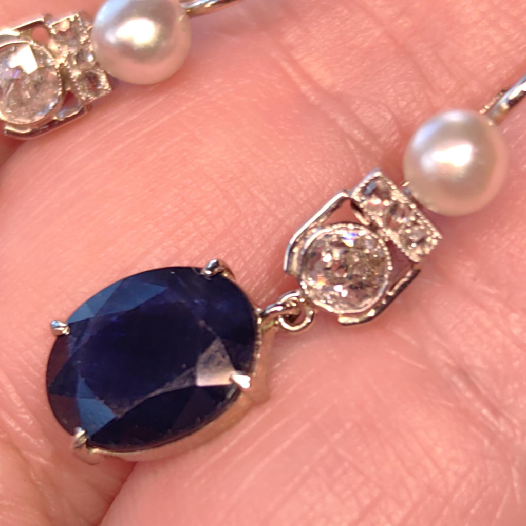 Art Deco Natural Sapphire Diamond Pearl Solid 18k White Gold Dangle Drop 1920s Antique Vintage Elegant Edwardian Earrings Gift for Her