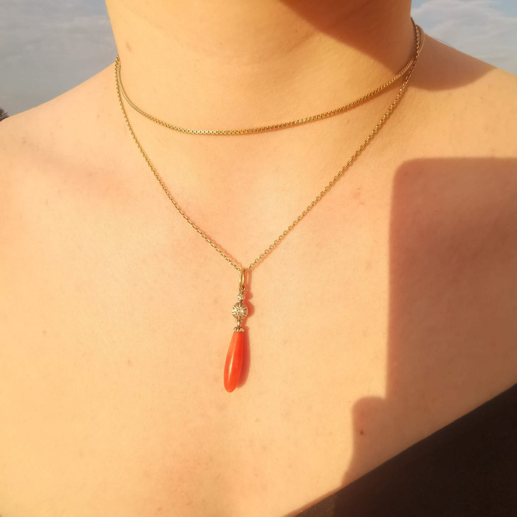 Victorian Red Mediterranean Natural Coral Diamond Pendant 14k Solid Yellow Rose Gold & Silver Antique 1880s Drop Dangle Pendant Charm