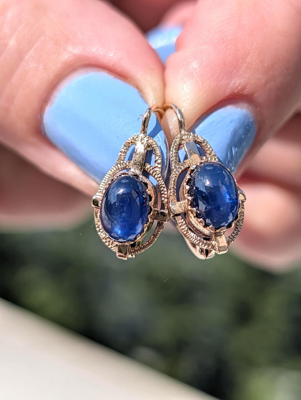 1940s Late Art Deco Natural Sapphire Cabochon 14k Yellow Gold Earrings, Vintage Dangle Lever Back Earrings, Gift for Her Present