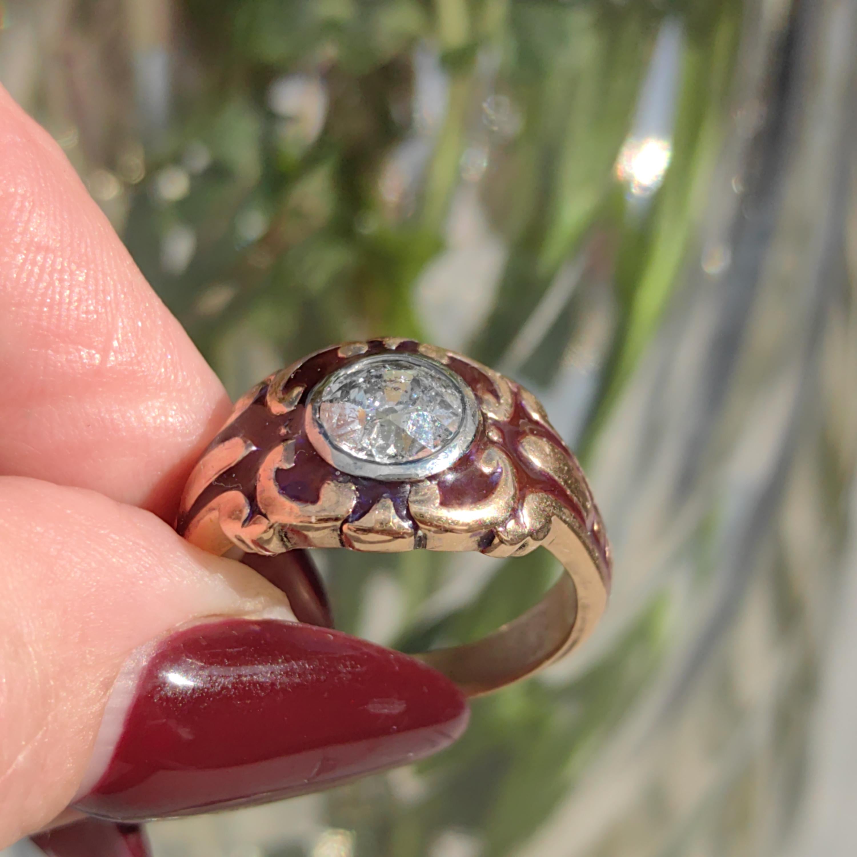 Diamond Victorian 1890s Solid 18k Gold dark Purple Aubergine Enamel Antique Engagement Statement Ring Elegant Vintage Gift for Her