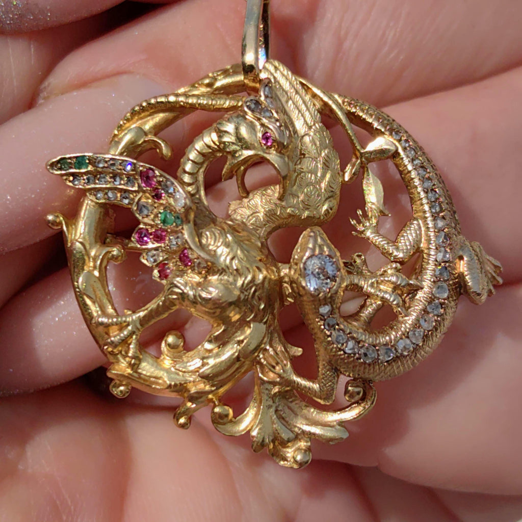 Diamond Emerald Ruby Solid 18k Yellow Gold Griffin Salamander Snake Ritual Magical Statement Pendant Charm Antique Vintage Gift for Her Him
