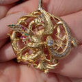 Diamond Emerald Ruby Solid 18k Yellow Gold Griffin Salamander Snake Ritual Magical Statement Pendant Charm Antique Vintage Gift for Her Him
