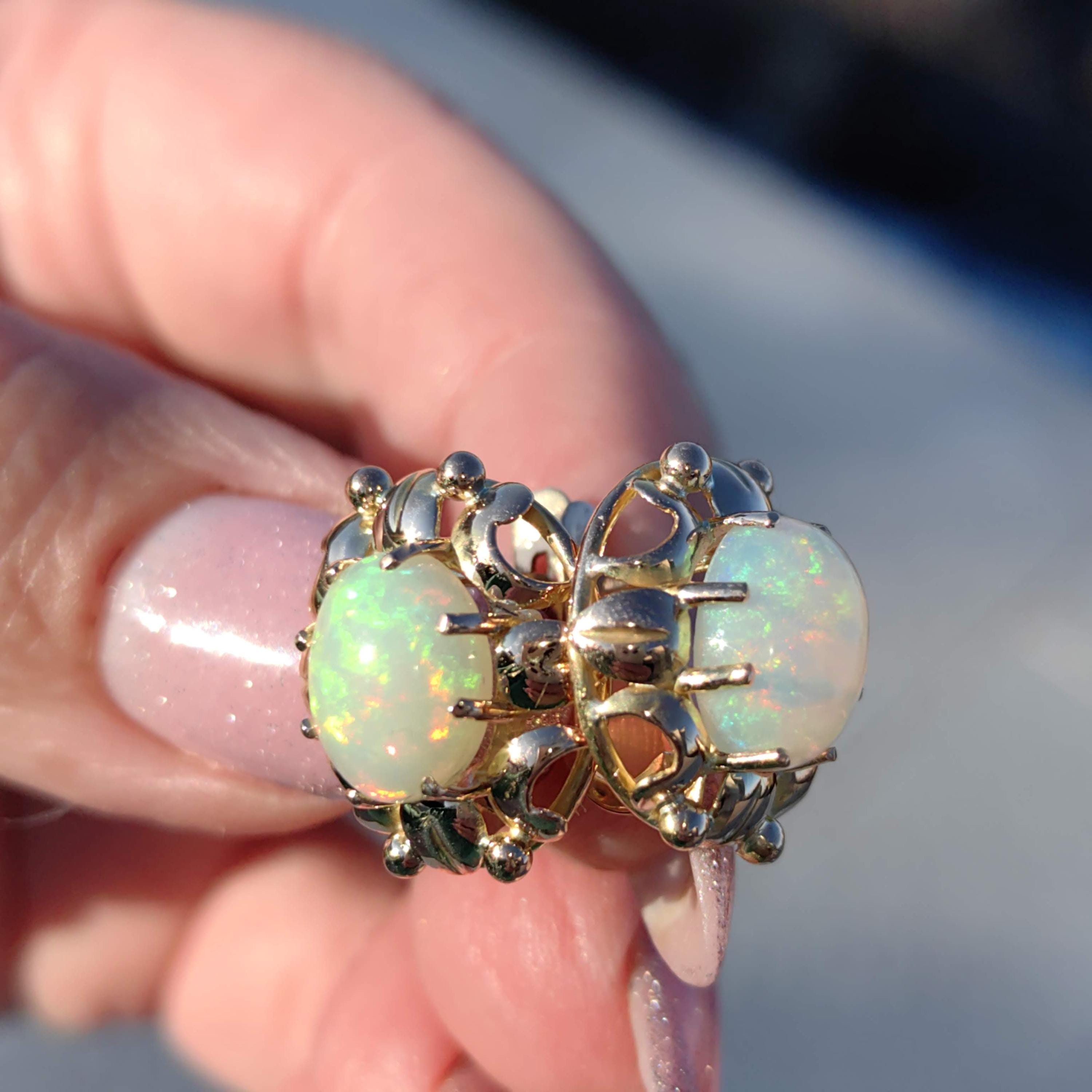 Antique Opal 18k Gold Earrings: Handmade Floral Art Nouveau Jewelry