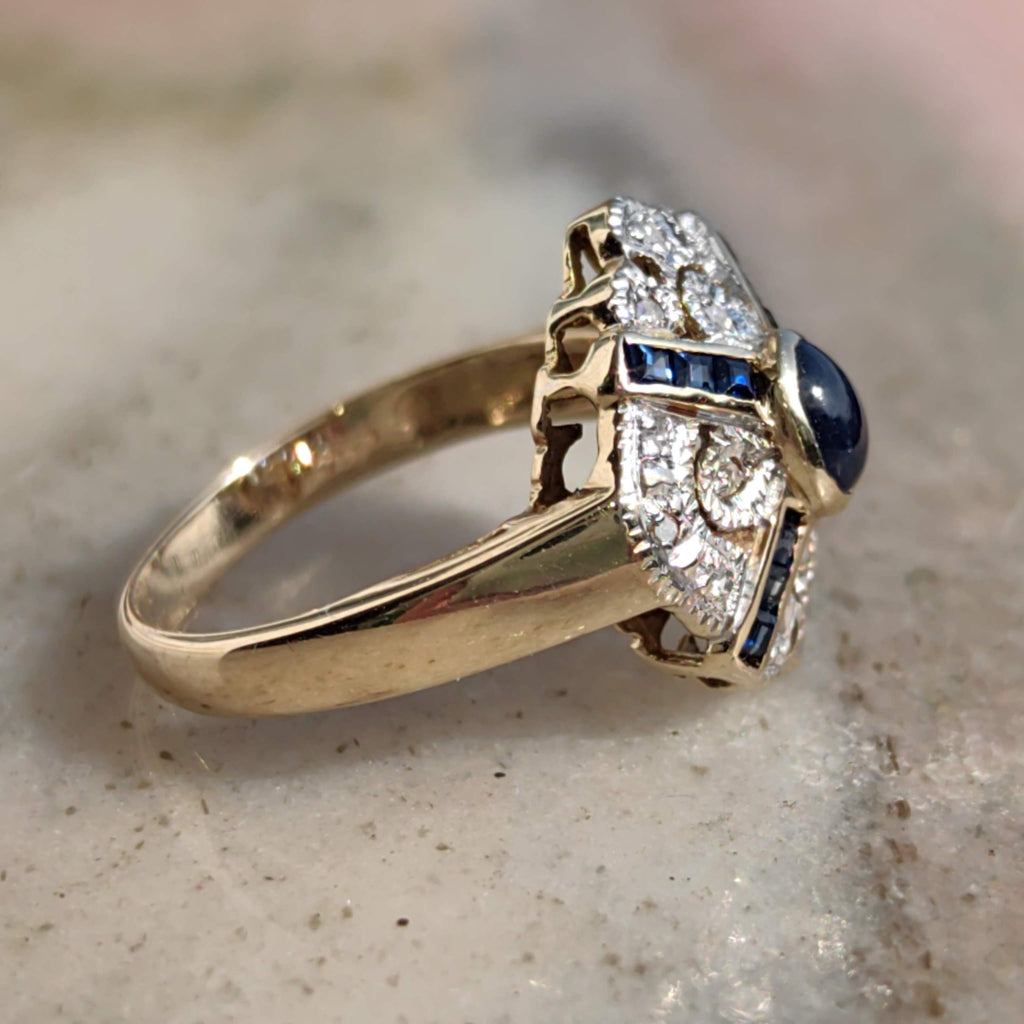 Vintage Art Deco 14k Gold Sapphire Diamond Ring - Size 6.5