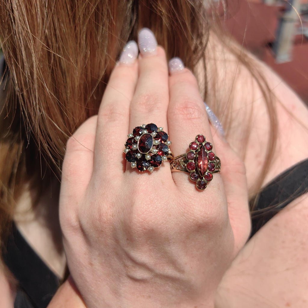 Victorian 1880s Almandine Garnet Solid 14k Yelllow Gold Elegant Statement Ring Marquise Floral Design Gift for Her Present