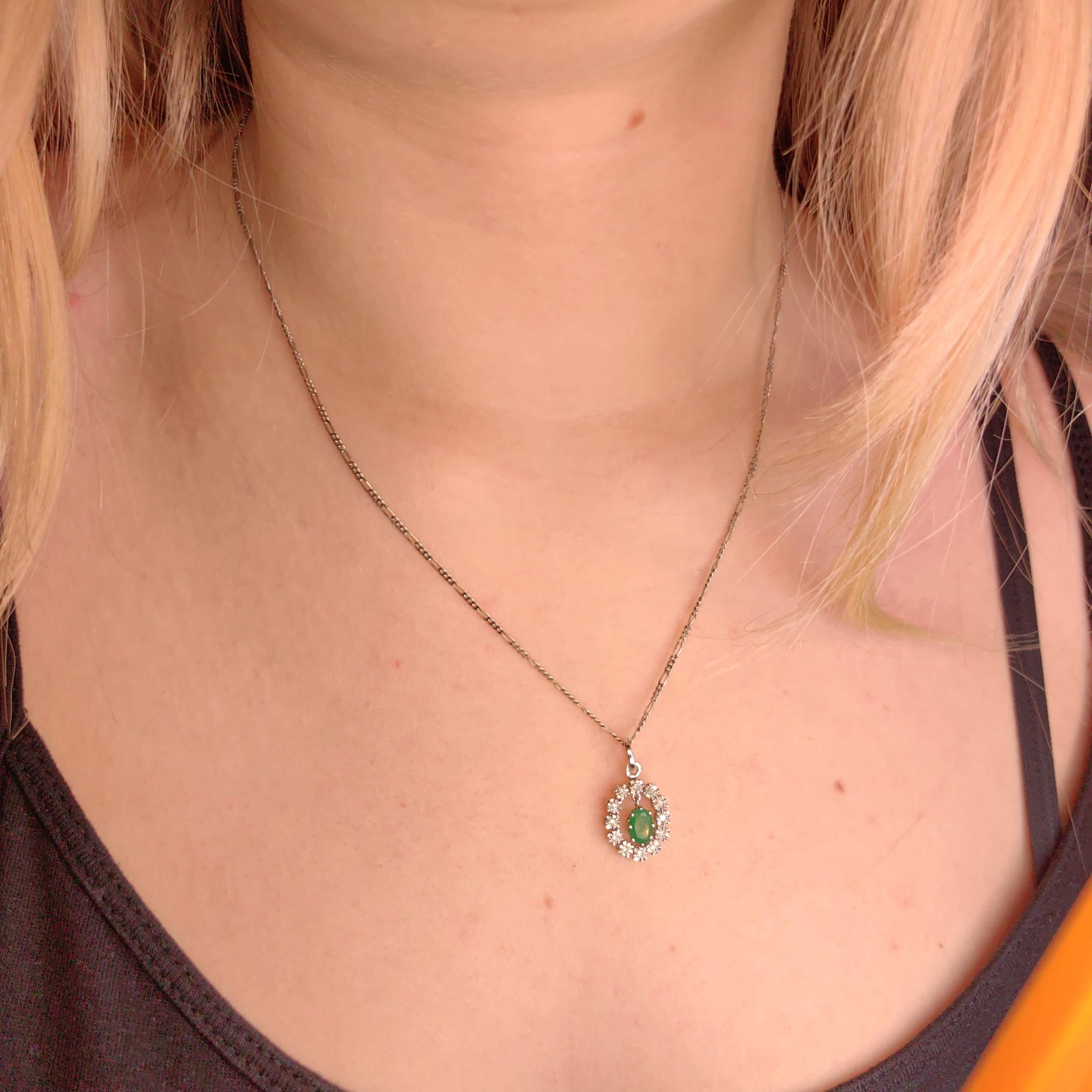 Natural Emerald and Diamond 14k Solid White Gold Dangle Charm Pendant Elegant Dainty Vintage Gift her Present