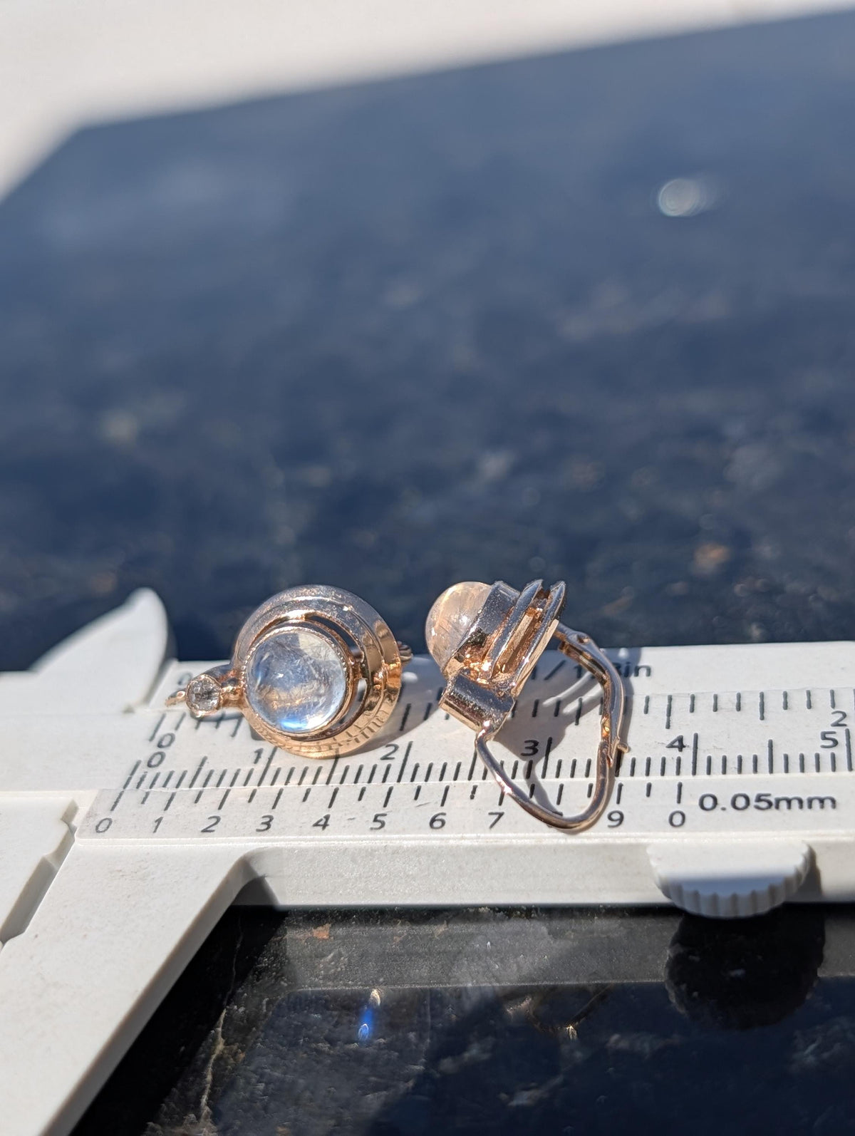 1920s Art Deco Moonstone Diamond Earrings, 14k Rose Gold, Hungarian Hallmarked Dangle