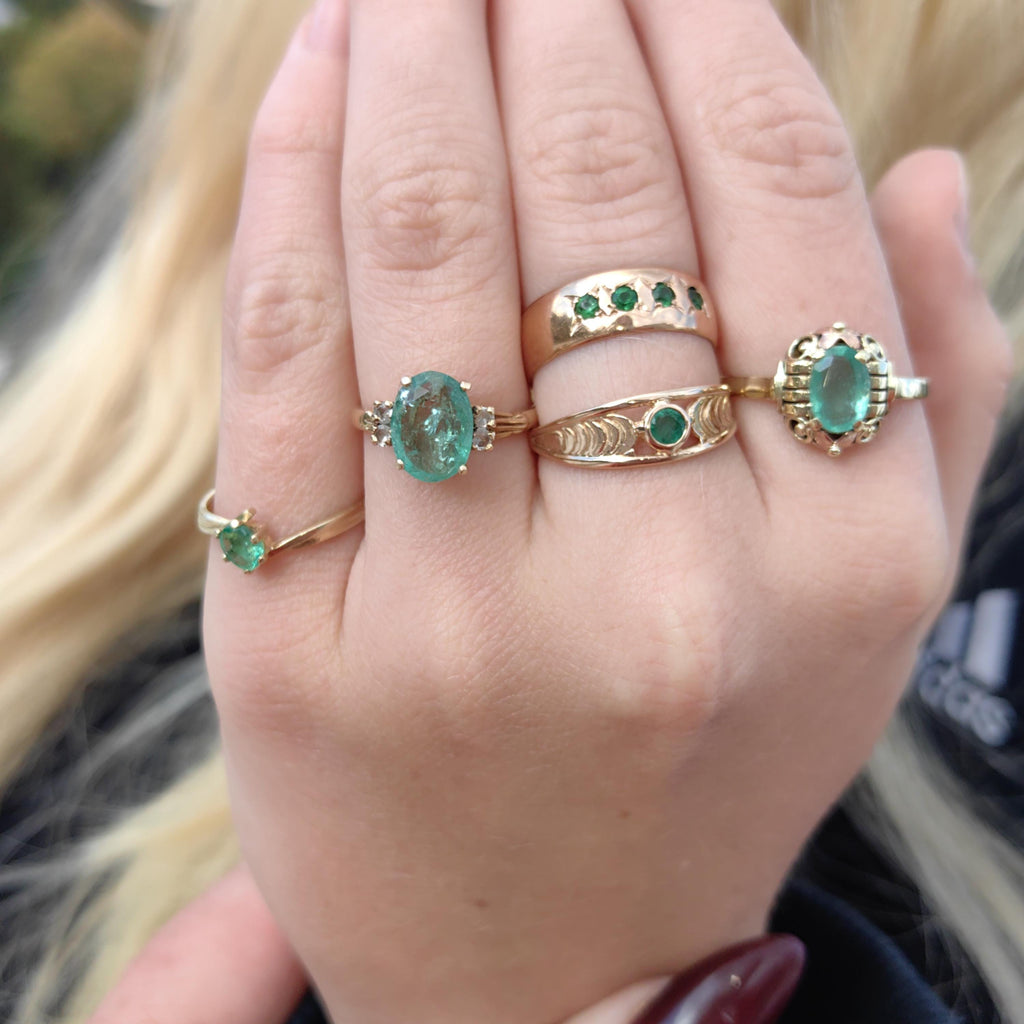 Vintage Mid Century Green Natural Emerald Oval Diamond Solid 14k Yellow Gold Antique Engagement Ring Dainty Stackable Band Gift for Her
