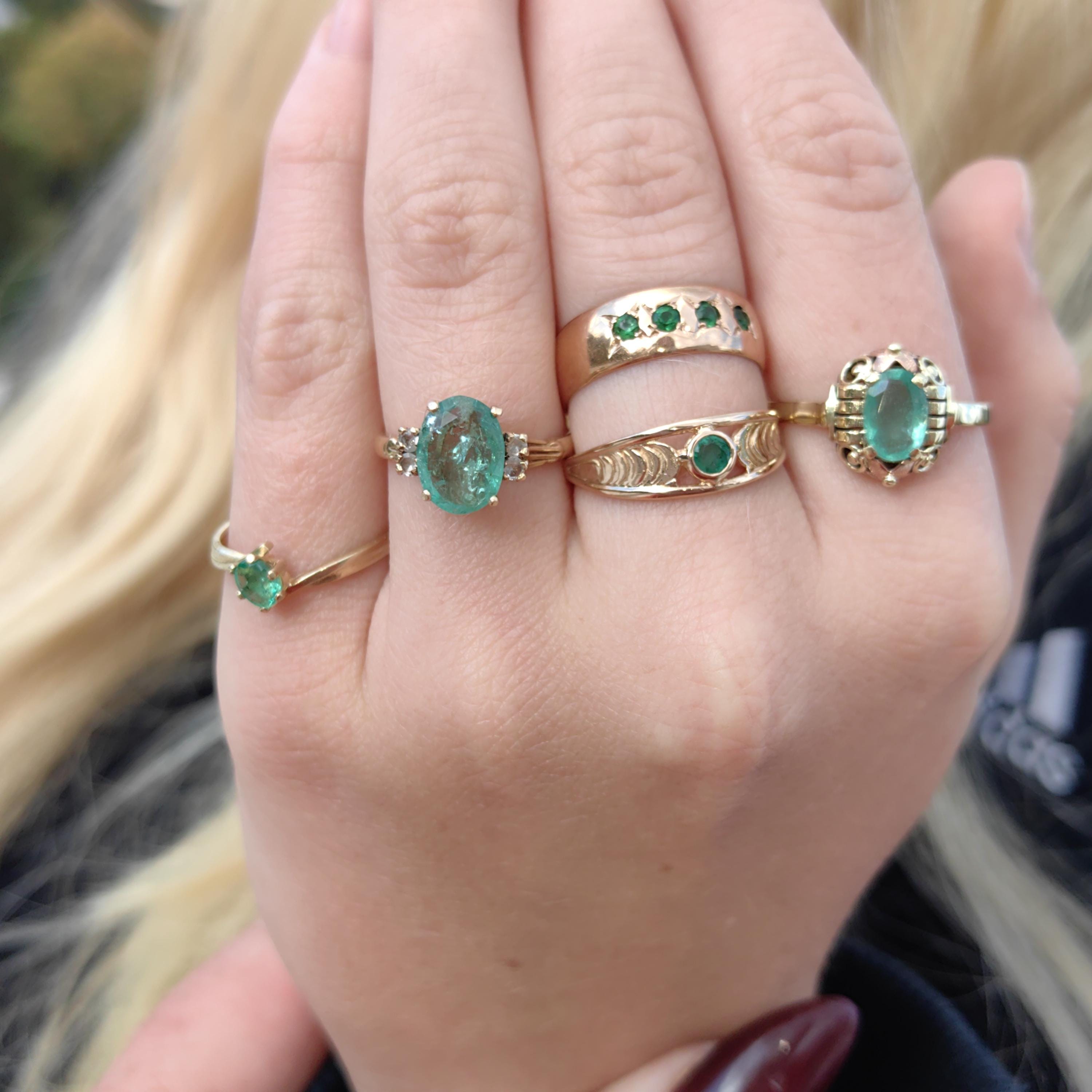 Vintage Mid Century Green Natural Emerald Oval Diamond Solid 14k Yellow Gold Antique Engagement Ring Dainty Stackable Band Gift for Her