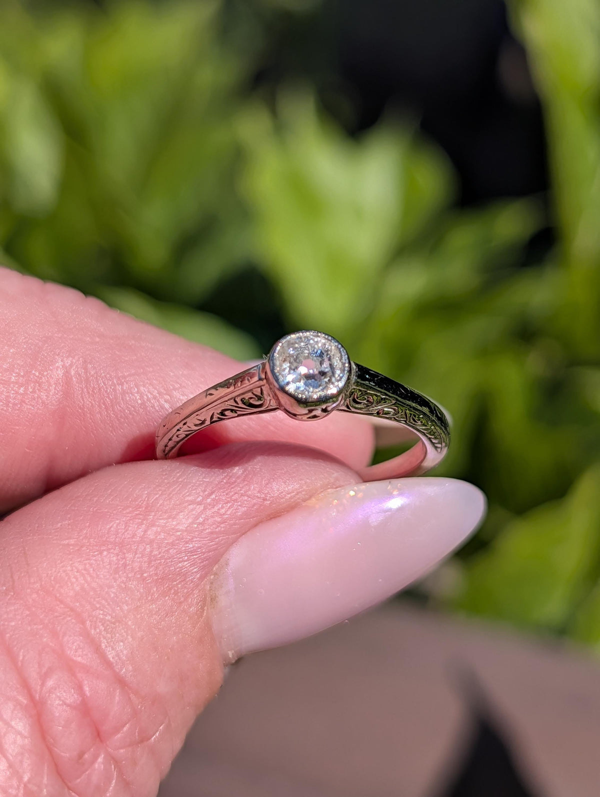Antique Edwardian Art Nouveau Diamond Solitaire Engagement Ring, 14k Gold Old European Cut Bud Bezel Hand Engraved Ring