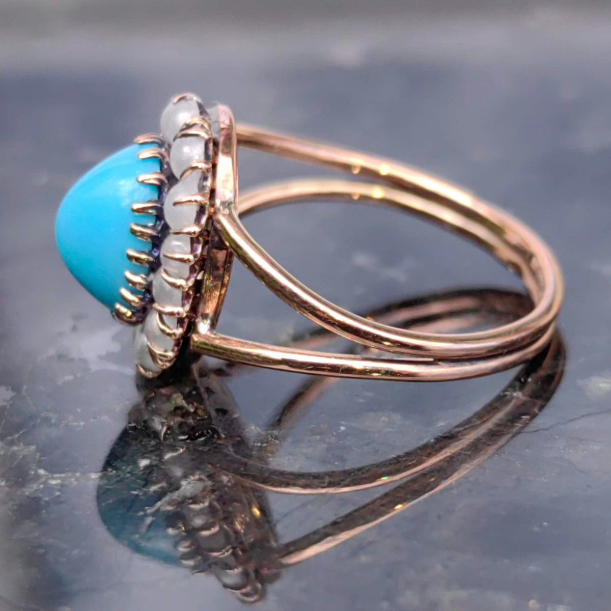 Victorian 1880s Antique Vintage Natural Pearl and Sky Blue Turquoise 14k Solid Yellow Champagne Gold Floral Cluster Halo Ring Gift for Her