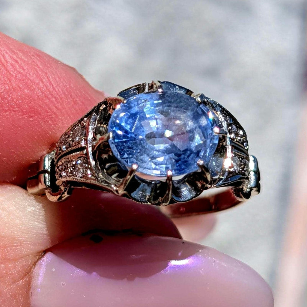1910s Edwardian Natural Sapphire Diamond Ring 14k White Gold Cornflower Genuine Blue Sapphire Engagement Art Deco, Size 7.5 US.