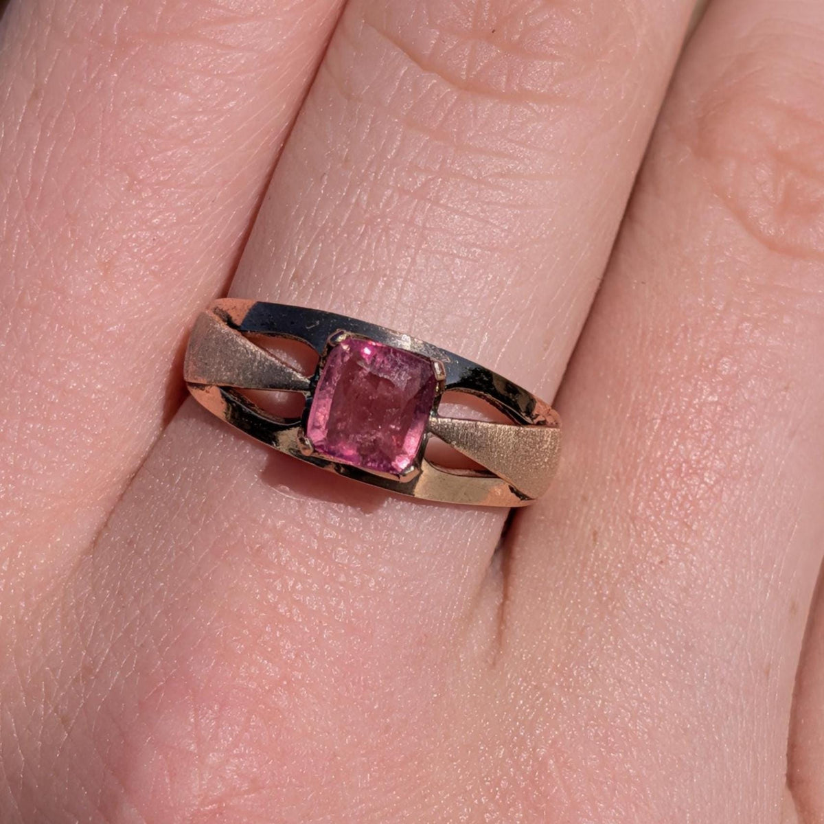 Vintage 1960s Natural Pink Tourmaline Ring 14k Solid Yellow Rose Gold Mid Century Statement Ring Size 9 US Free Resize Gift