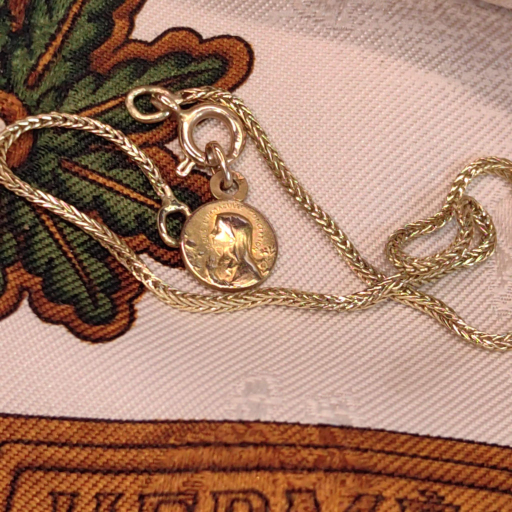 1900s Art Nouveau 14k Solid Yellow Rose Gold Handmade Chain Bracelet with Madonna Virgin Mary Christian Catholic Antique Vintage Charm