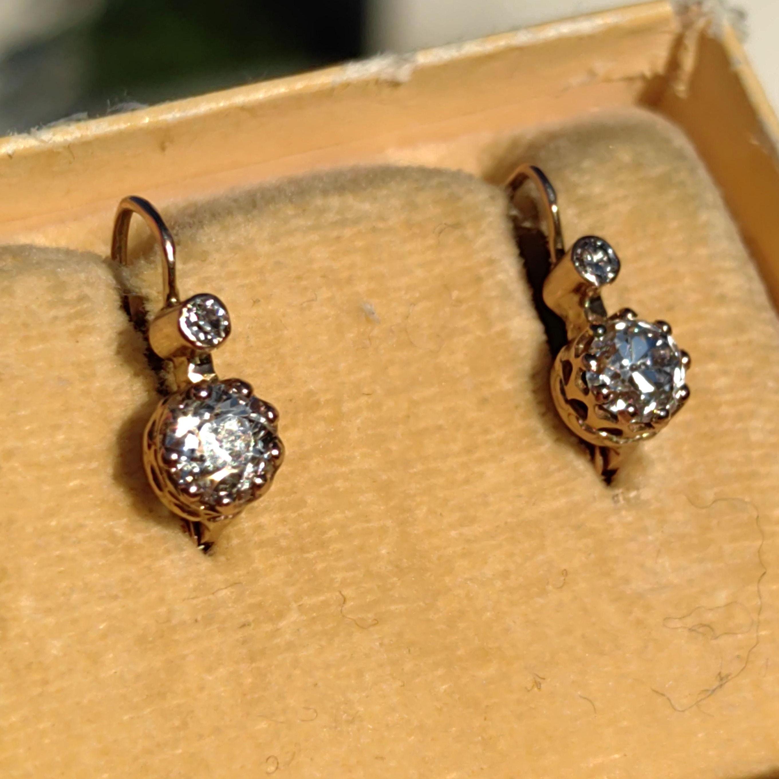 1880s Victorian 14K Champagne Gold Diamond Sleeper Earrings: Antique Dormeuse