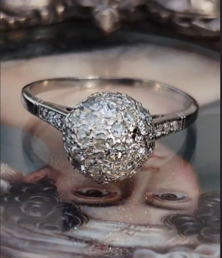 Art Deco Platinum Diamond Globe Ring: 1930s Antique Pavé Engagement