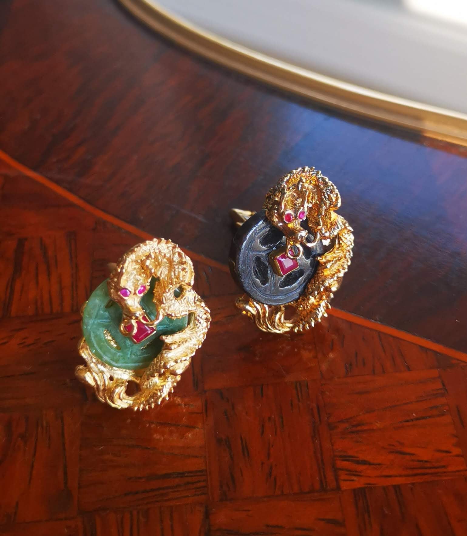 Purple and Green Jade Silver Gold Plated Dragon Chinese style Cufflinks