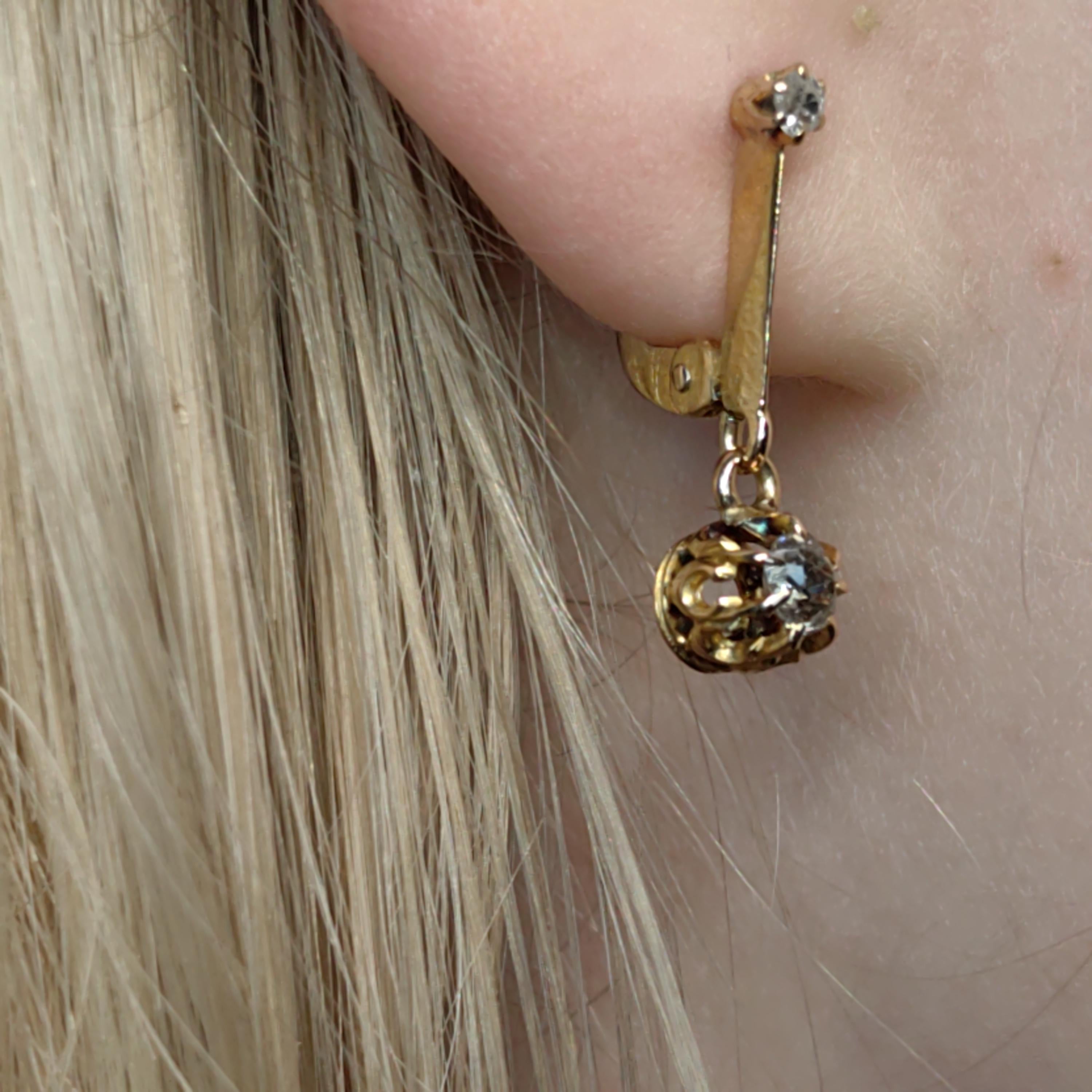 Original 1920s Art Deco Solitaire Dangle 0.30 ct. Bezel setting Diamonds Solid Hallmarked 18k Gold Antique Sleepers Dormouse Earrings