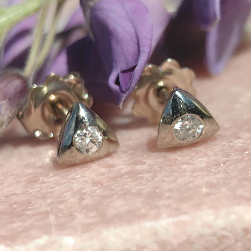 Diamond 14k Yellow Gold Triangle Stud Earrings: Geometric Art Deco
