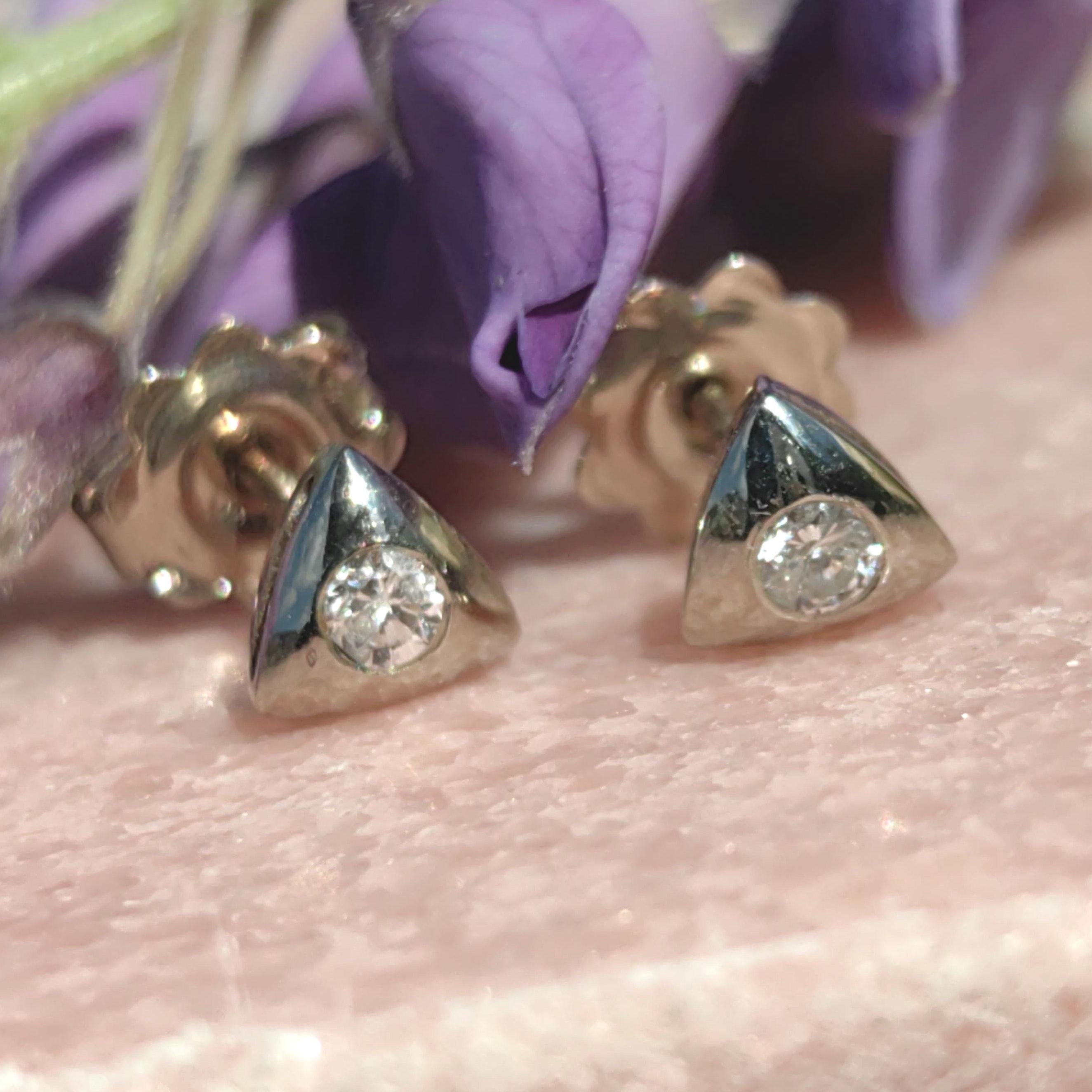 Diamond 14k Yellow Gold Triangle Stud Earrings: Geometric Art Deco