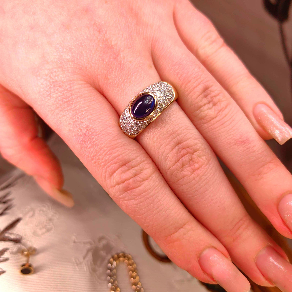 18k Gold Cabochon Sapphire & Diamond Ring - Unisex Statement