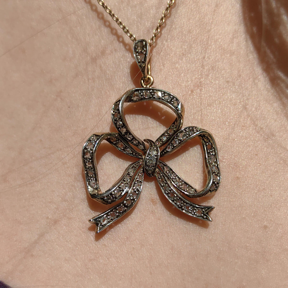 Rose Diamond Solid  Hallmarked Yellow Gold Bow Statement Necklace Pendant, Antique Victorian 1880s Elegant Dainty Gift for Her