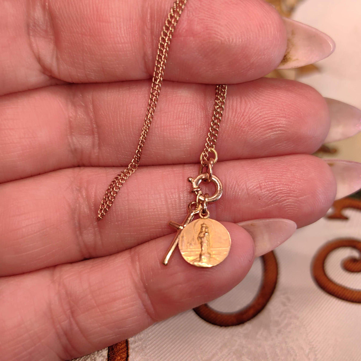 1900s Art Nouveau 14k Solid Yellow Rose Champagne Gold Chain Bracelet Madonna Virgin Mary Cross Christian Catholic Antique Vintage Charm