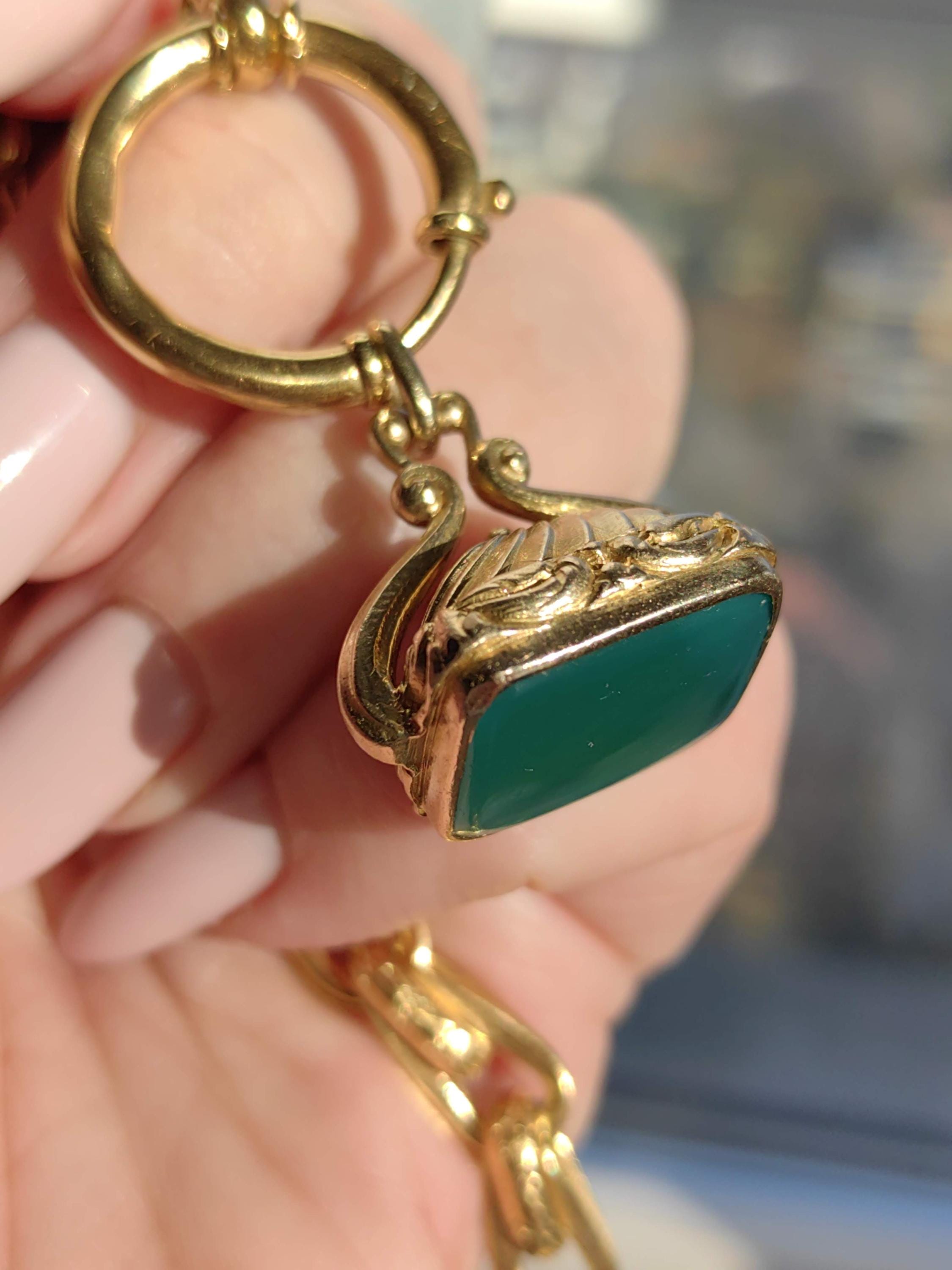 Victorian 14k Gold Chrysophrase Watch Fob Pendant: Hand-Chiseled 1880s Statement Piece