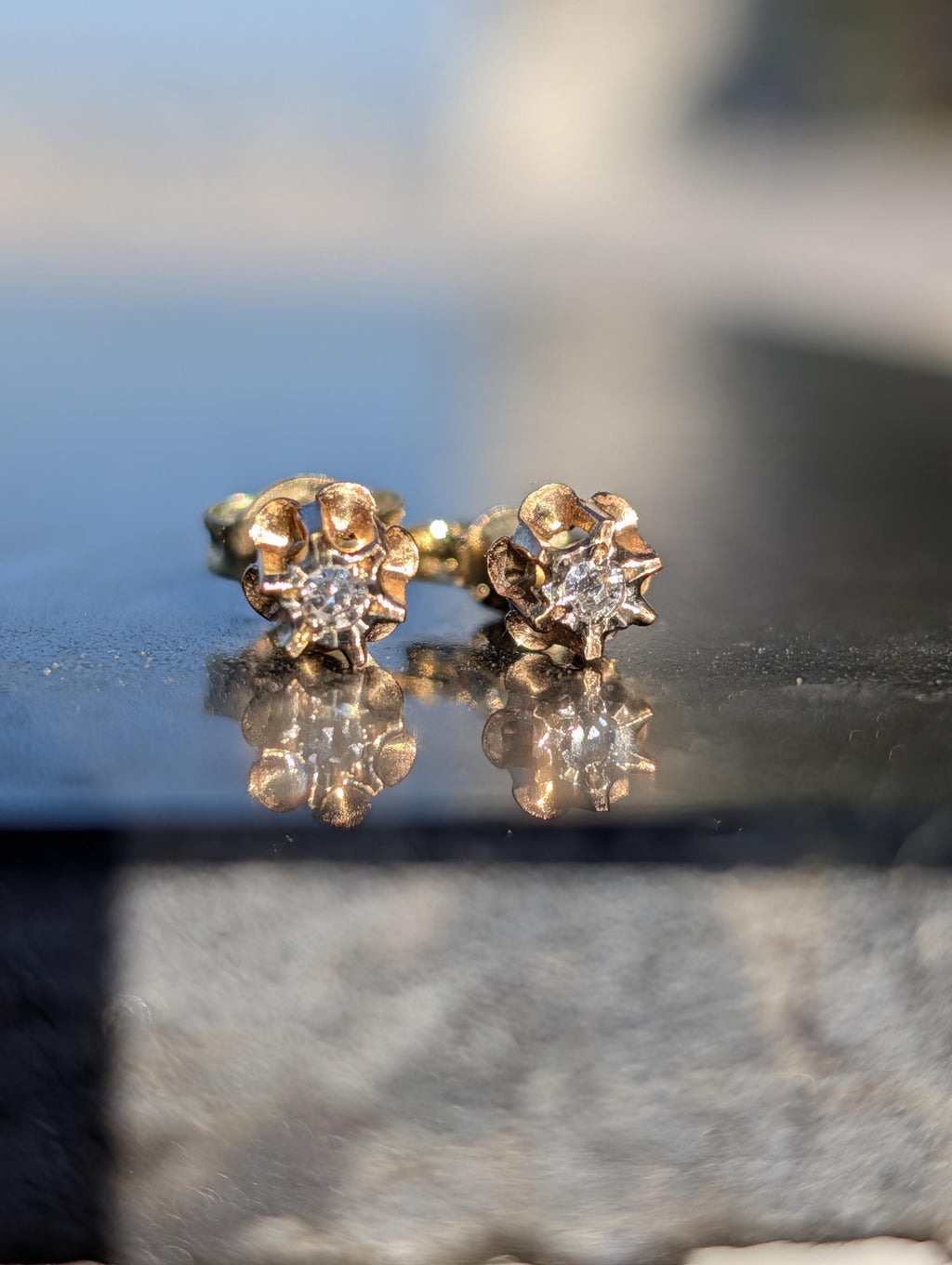 Vintage 14k Gold Diamond Stud Earrings, Dainty Single Cut Diamond Push Back Earrings, 4mm Elegant Gift for Her