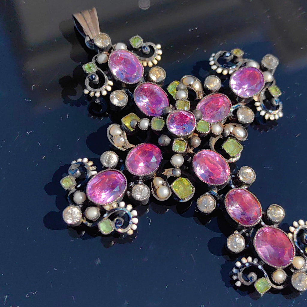 Baroque Antique natural Purple Amethyst Green Demantoid white Sapphire Silver Christian Latin Cross Large Statement Pendant