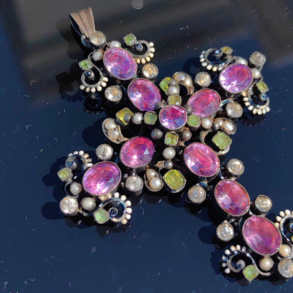 Baroque Antique natural Purple Amethyst Green Demantoid white Sapphire Silver Christian Latin Cross Large Statement Pendant