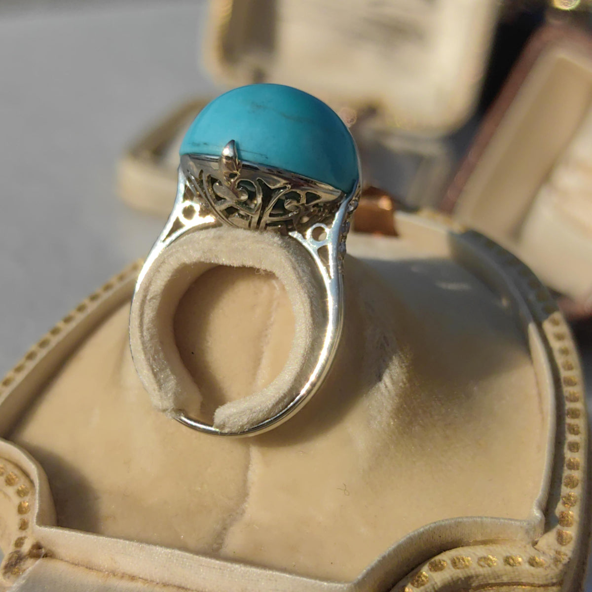 1920s Art Deco 18K White Gold Natural Blue Turquoise Diamond Ring, French Hallmark Antique Statement Engagement Jewelry