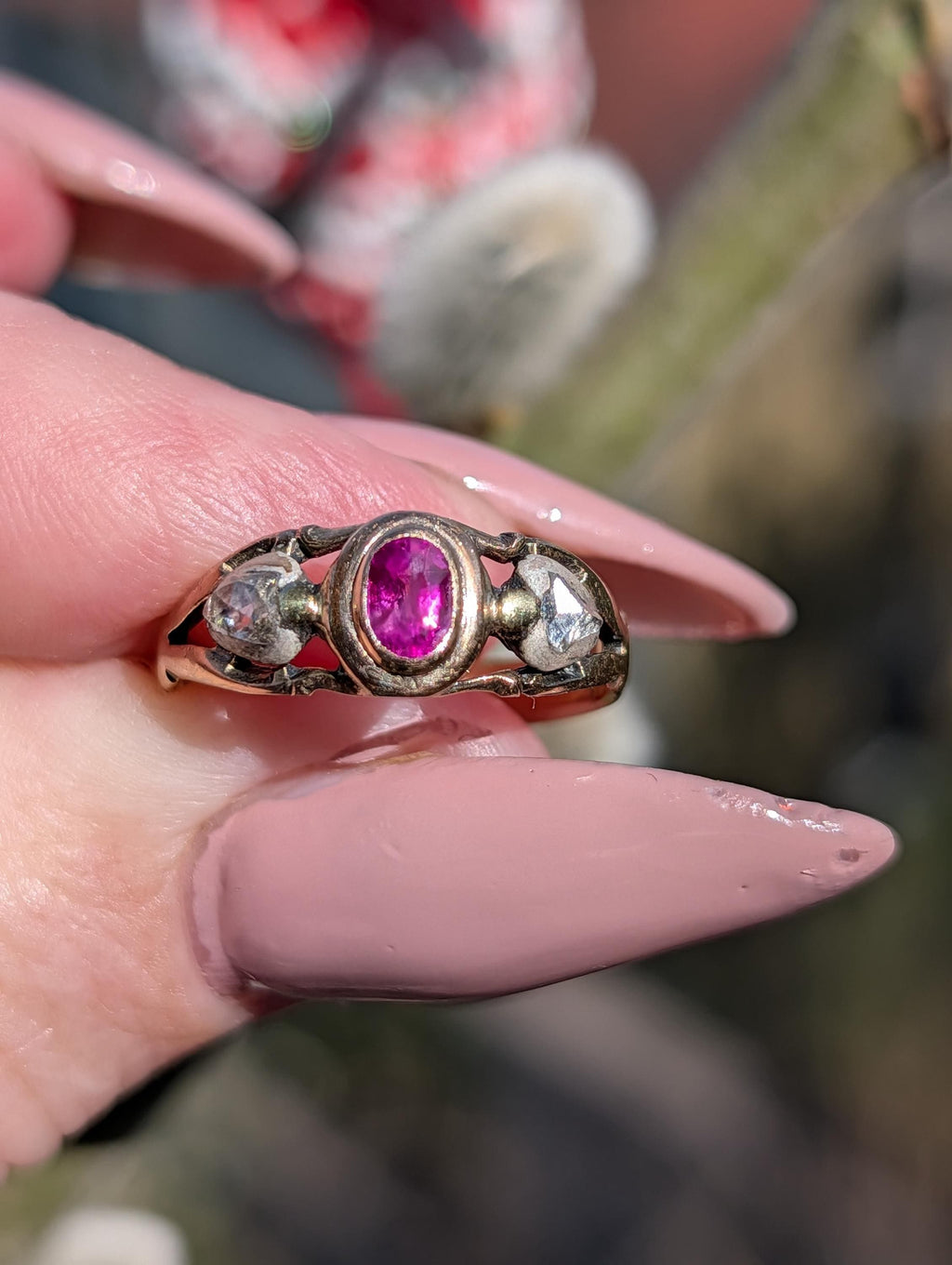 Victorian Ruby Rose Cut Diamond Ring 14k Yellow Rose Champagne Gold Silver, Antique 1890s Gypsy Alliance Band Engagement Gift for Her