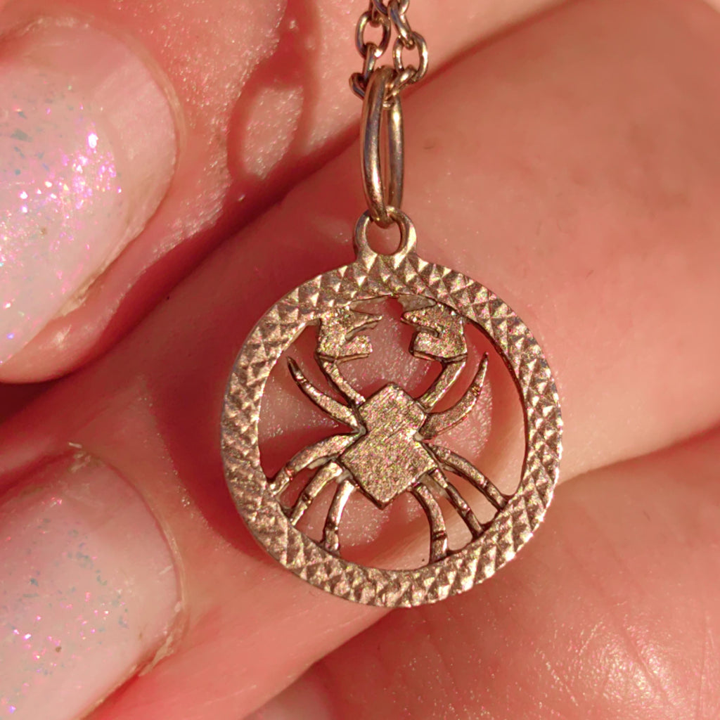 14k Solid Yellow Rose Hallmarked Gold Cancer Zodiac Sign Necklace Pendant Dainty Elegant Vintage Retro Astrology Ocean Sea Charm Gift